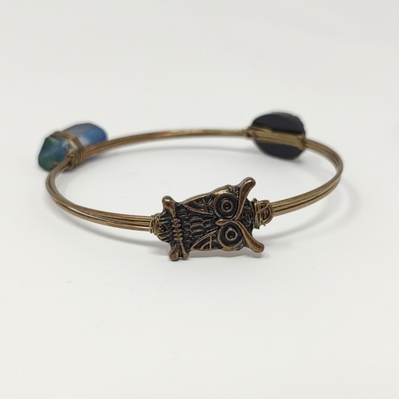Boho Set of 3 Gold Bronze Tone Bangle Bracelets Wire Wrap Charms Feathers Owls - Picture 9 of 13